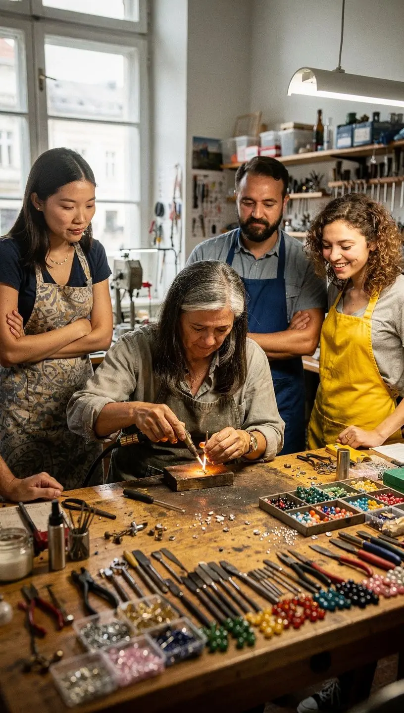 Verschiedene Werkzeuge für die Schmuckherstellung auf einem Tisch.