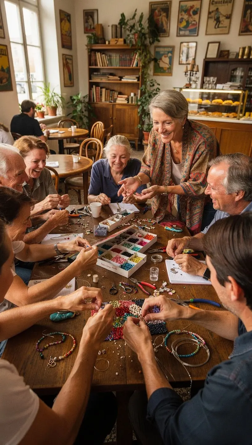 Nahaufnahme von verschiedenen Schmuckmaterialien, darunter Edelsteine, Perlen und Werkzeuge für die Schmuckherstellung.