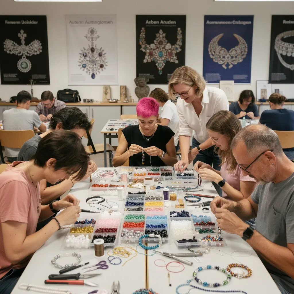 Nahaufnahme von verschiedenen Schmuckmaterialien, darunter Edelsteine, Perlen und Werkzeuge für die Schmuckherstellung.