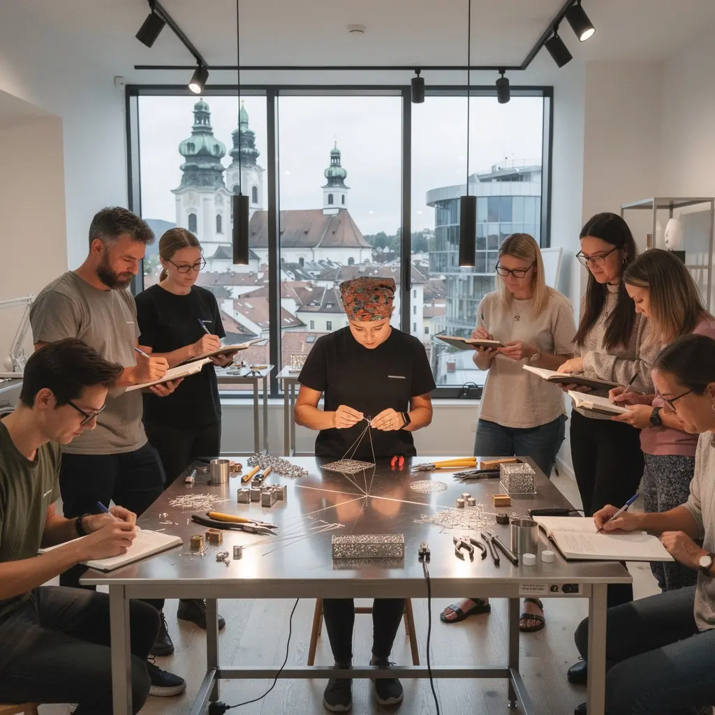 Nahaufnahme von verschiedenen Schmuckmaterialien, darunter Edelsteine, Perlen und Werkzeuge für die Schmuckherstellung.