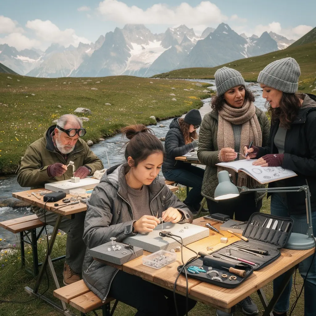 Nahaufnahme von verschiedenen Schmuckmaterialien, darunter Edelsteine, Perlen und Werkzeuge für die Schmuckherstellung.