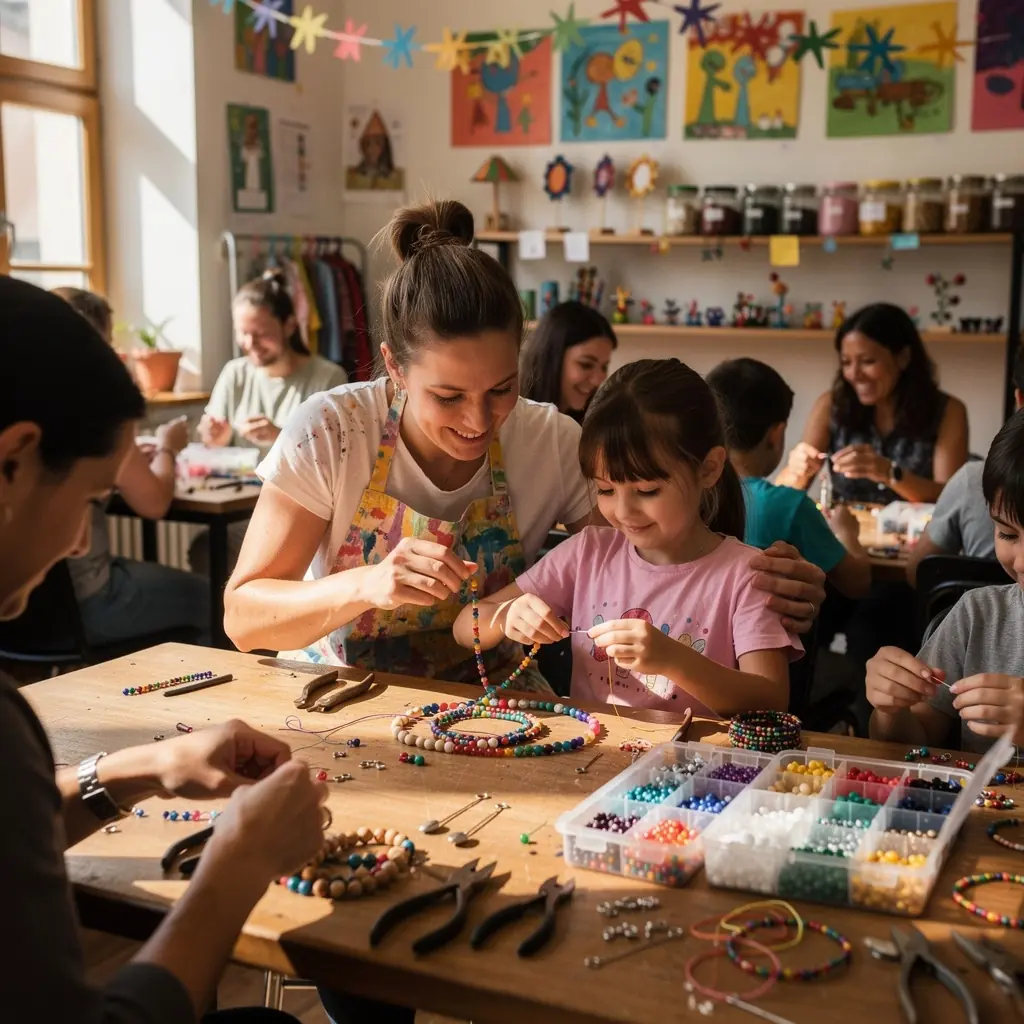 Nahaufnahme von verschiedenen Schmuckmaterialien, darunter Edelsteine, Perlen und Werkzeuge für die Schmuckherstellung.