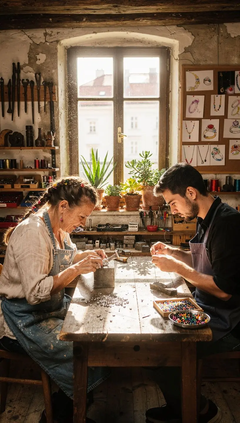 Ein erfahrener Handwerker, der an einem Arbeitsplatz Schmuckstücke aus Draht und Perlen gestaltet.